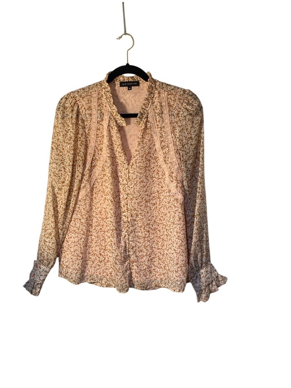 Gibsonlook women’s floral, longsleeve, crochet, trim blouse XS